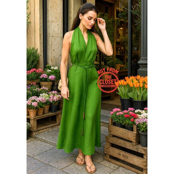 ZARA Blogger Fave Green V-Neck Long Dress NWT | Linen Blend Maxi - Picture 2 of 16